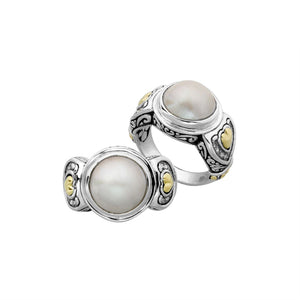 Sterling Silver And 18K Gold Mabe Pearl Diamond Ring With Balinese Carving