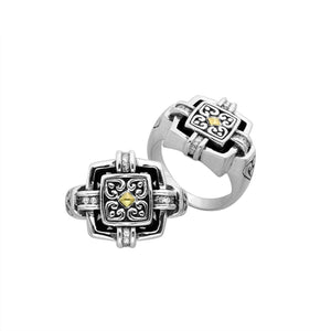 Sterling Silver And 18K Gold Diamond Square Balinese Ring