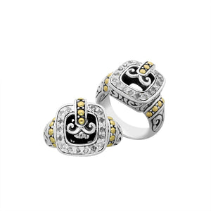 Wholesale Sterling Silver Two-Tone Diamond Buckle Ring With Scroll Engravings And Gold Accents.