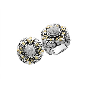 Wholesale Sterling Silver With 18K Gold Diamond Floral Mandala Ring With Balinese Carvings.