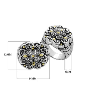 Wholesale Sterling Silver With 18K Gold Diamond Floral Petal Cluster Ring With Balinese Carvings.