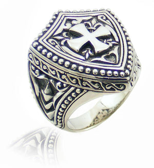 Wholesale Silver Overlay Over Copper Shield Cross Warrior Ring With Medieval Carvings.