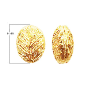 Oval leaf-textured bead made with 18K gold overlay over copper, handcrafted in India, wholesale jewelry component.