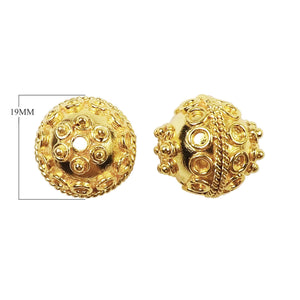 Handcrafted textured round bead with raised circular pattern in 18K gold overlay over copper