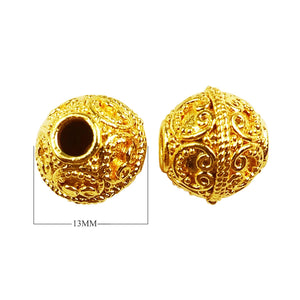 Handcrafted 18K gold overlay over copper filigree round bead from India with ornate scroll design.