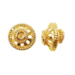 Handcrafted filigree dome spacer bead with 18K gold overlay over copper, featuring open cutwork design, made in India for wholesale jewelry production.