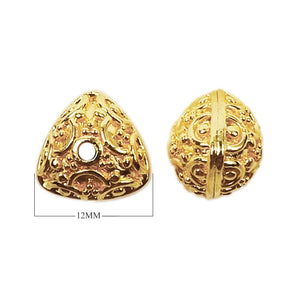 Handcrafted triangular-round filigree bead with 18K gold overlay over copper, made in India for wholesale jewelry production.