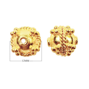 Handcrafted round spacer bead with granulated dots and rope border, made with 18K gold overlay over copper in India for wholesale jewelry production.