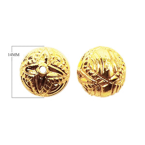 Handcrafted round bead with engraved floral star pattern and 18K gold overlay over copper, made in India for wholesale jewelry production.