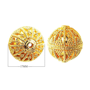 Handcrafted round bead with rope-textured lines and granulated detailing, finished with 18K gold overlay over copper, made in India for wholesale production.