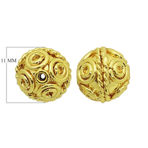 Ornate spiral round bead jewelry component with 18K gold overlay over copper handcrafted in India