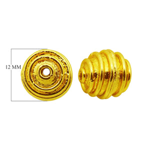 Ridged concentric round bead jewelry component with 18K gold overlay over copper handcrafted in India