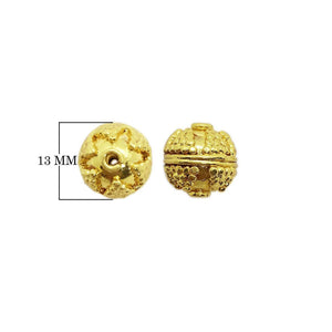 Ornate floral textured round bead jewelry component with 18K gold overlay over copper handcrafted in India