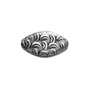 Handcrafted leaf-shaped bead cap with silver overlay over copper, featuring curved textured motifs and oxidized finish, made in India.