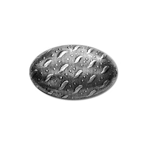 Handcrafted oval dome bead cap with silver overlay over copper, featuring leaf motifs, dotted texture, and oxidized finish, made in India.