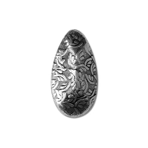 Handcrafted long oval bead cap with silver overlay over copper, featuring floral vine texture and oxidized finish, made in India.