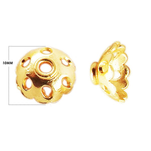 18K Gold Overlay Over Copper perforated dome bead cap with circular cutout design, handcrafted artisan jewelry component from India for wholesale supply