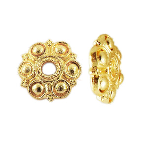 18K Gold Overlay Over Copper ornamental floral bead cap with raised dome detailing, handcrafted jewelry component from India.