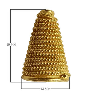 Tall rope-textured cone end cap made from 18K Gold Overlay Over Copper, handcrafted in India for wholesale jewelry production