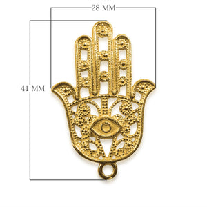 Handcrafted Hamsa hand pendant connector with evil eye design in 18K Gold Overlay Over Copper, made in India for wholesale jewelry making.