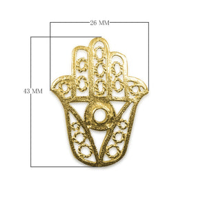 Openwork Hamsa hand connector with central circular cutout in 18K Gold Overlay Over Copper, handcrafted in India for wholesale jewelry making.