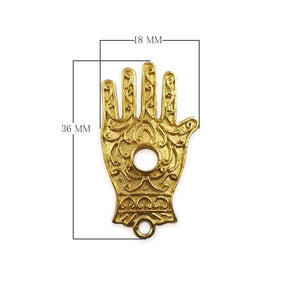 Engraved Hamsa hand pendant connector with central cut-out in 18K Gold Overlay Over Copper, handcrafted in India for wholesale jewelry making.