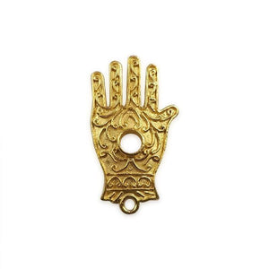 Engraved Hamsa hand pendant connector with central cut-out in 18K Gold Overlay Over Copper, handcrafted in India for wholesale jewelry making.