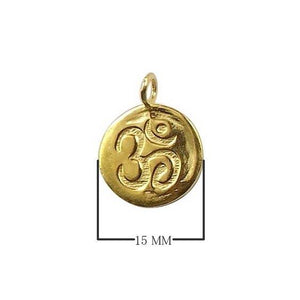 OM symbol round charm in 18K Gold Overlay Over Copper, handcrafted in India for wholesale jewelry making.