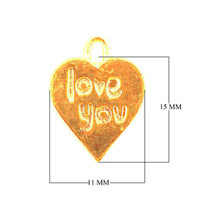 Handcrafted heart shape Love You engraved charm in 18K Gold Overlay Over Copper, wholesale jewelry component from India