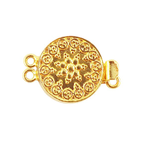 Handcrafted round ornate multi strand clasp with 2 holes in 18K Gold Overlay Over Copper, wholesale jewelry component from India