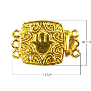 Hand motif multi strand clasp with 3 holes made with 18K Gold Overlay Over Copper, handcrafted in India for wholesale jewelry making.