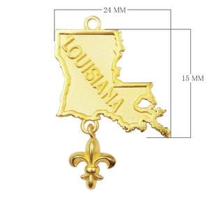 18K Gold Overlay Over Copper Louisiana state map charm with hanging fleur-de-lis, handcrafted jewelry component made in India