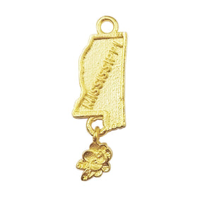 18K Gold Overlay Over Copper Mississippi state map charm with engraved name and flower dangle, handcrafted jewelry component made in India