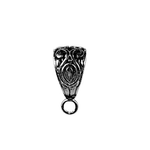 Wholesale antiqued black rhodium over copper filigree pendant bail with decorative scroll design, handcrafted jewelry finding for professional makers.