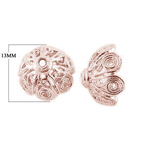 Rose Gold Overlay Over Copper bead cap with spiral floral design, openwork detailing, polished finish, and structured dome shape for wholesale jewelry manufacturing use