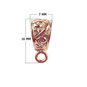 Scroll engraved rose gold overlay over copper pendant bail handcrafted in India