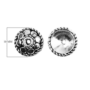 Silver Overlay Over Copper round floral bead cap handcrafted in India with oxidized finish and rope border detail.