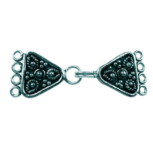 Silver Overlay over Copper triangular multi strand clasp with 4 holes handcrafted in India featuring floral Bali design and oxidized finish.