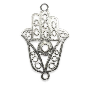 Handcrafted Silver Overlay Hands of Fatima openwork connector in Silver Overlay Over Copper with geometric detailing, made in India.