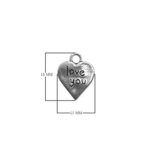Silver Overlay Over Copper heart charm with engraved love you text handcrafted in India.