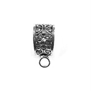Silver Overlay Over Copper wide ornamental Pendant Bail handcrafted in India with symmetrical scroll design and antique polished finish for wholesale jewelry supply.
