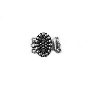 Silver Overlay Over Copper Oval Multi Strand Clasp With 3 Hole handcrafted in India with raised dotted dome design and antique oxidized finish for wholesale jewelry supply.