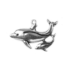 Handcrafted silver overlay dolphin family charm made with silver overlay over copper featuring large and small dolphin design in India.