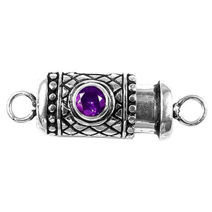 Handcrafted Silver Overlay Over Copper clasp with round purple stone and textured oxidized finish made in India.