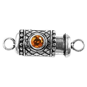 Handcrafted Silver Overlay Over Copper clasp with round amber-colored stone and oxidized finish made in India.