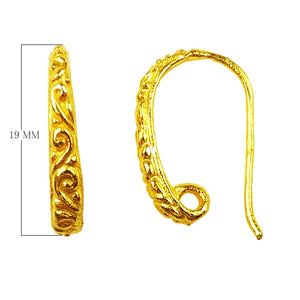 18K Gold Overlay Filigree Design Earwire Component Handcrafted In India With Polished Finish