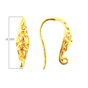 18K Gold Overlay Floral Pattern Earwire Component Handcrafted In India With Polished Golden Finish