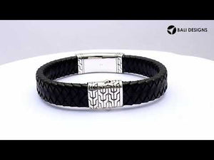 Sterling Silver Bracelet With Black Leather Featuring Mother Of Pearl Accent