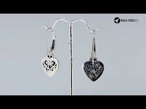Sterling silver heart drop earrings with Blue Topaz Quartz and filigree design for wholesale collections.