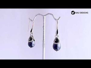 Sterling silver Dark Pearl earrings with teardrop design and polished finish for wholesale collection.